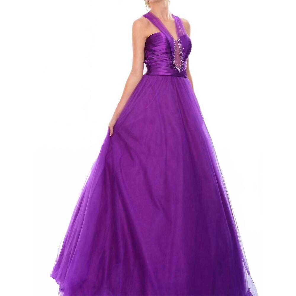 NEW PRECIOUS FORMALS illusion with crystals charmeuse prom dress in majestic pur